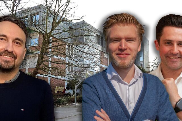 Bildmontage aus Porträts der Politiker Daniel Kobe (SPD), Robert Golda (FDP) und Patrick-Benjamin Bök (CDU) vor dem Hintergrund einer Ansicht der Realschule Datteln.