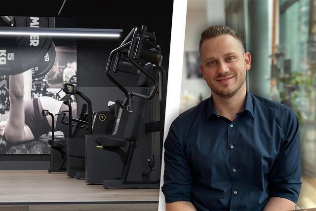 Die Montage zeigt ein Fitnessstudio und Alexander Reider, der ein clever fit in Castrop-Rauxel eröffnen wird.