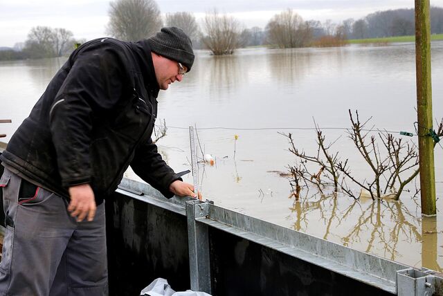 Kritischer Blick auf den Zollstock: Nur noch Zentimeter ist das Lippehochwasser von der Spundwand an Tobias Beermanns Hof entfernt.