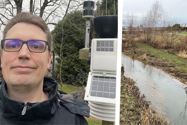 Marc Heubes aus Dortmund neben seiner Wetterstation und die Emscher am Phoenix-See in Hörde.