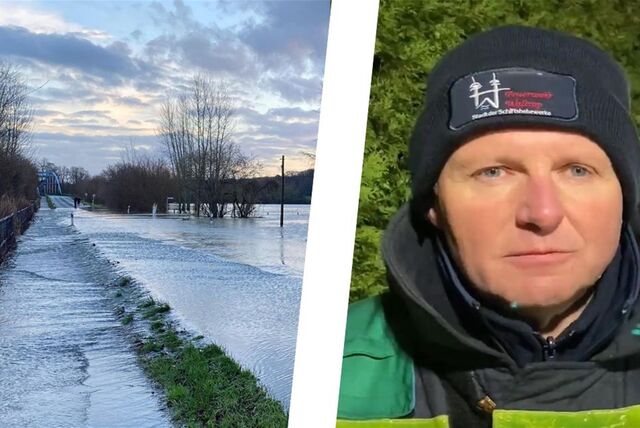 Die Montage zeigt links die vom Lippe-Hochwasser überflutete Borker Straße in Waltrop während der Abenddämmerung, rechts den Sprecher der Feuerwehr Waltrop, Jochen Möcklinghoff.