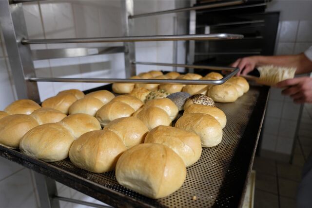 Frische helle Brötchen auf dem Rost.
