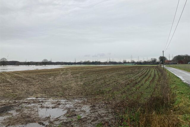 Rechts führt die Lipphöfestraße in Richtung Wulfener Straße, links bahnt sich von der Lippe kommend das Hochwasser seinen Weg über die Felder.