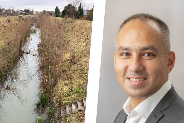 Links der Hellbach in Recklinghausen, rechts Ilias Abawi, Pressesprecher von Lippeverband und Emschergenossenschaft