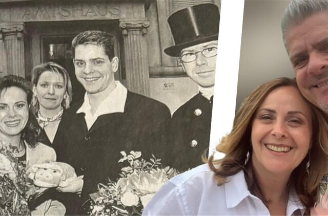 Auf Neujahr vor 25 Jahren hat die Selmer Standesbeamtin Birgit Wulfert (M.) Mathias und Sandra Neujahr im Amtshaus Bork getraut: ein unvergesslicher Augenblick für das Paar, das an diesem Neujahrstag 2024 seine Silberhochzeit feiert. Offenbar hat der Glückwunsch von Schornsteinfegermeister Thomas Isermann tatsächlich Glück gebracht.