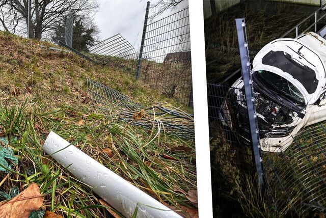 Am Mittag des Neujahrstages zeugen Überreste von dem Unfall, der sich hier rund 12 Stunden vorher ereignet hat. Ein Auto war am Regenrückhaltebecken an der Lichtendorfer Straße in die Tiefe gestürzt.