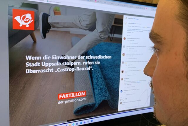 Zu sehen ist ein Bildschirm mit dem Instagram-Post des „Postillon“ über Castrop-Rauxel