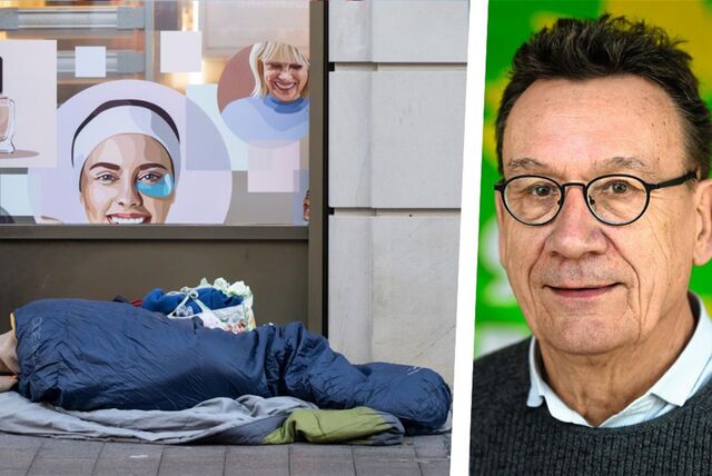 Die Montage zeigt einen Obdachlosen im Schlafsack und den Grünen-Politiker Holger Freitag aus Recklinghausen.