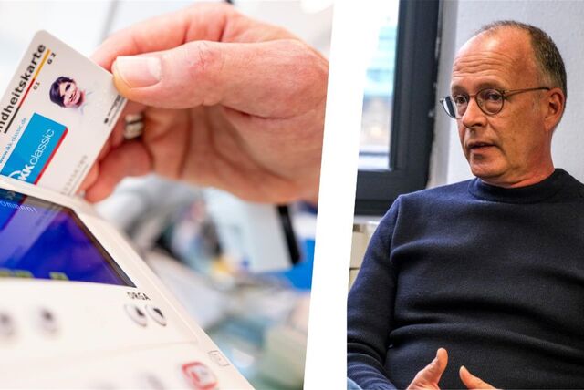 Links eine Versichertenkarte, die in ein Lesegerät eingeführt wird, rechts Ärztesprecher Dr. Karsten Kollecker aus Recklinghausen