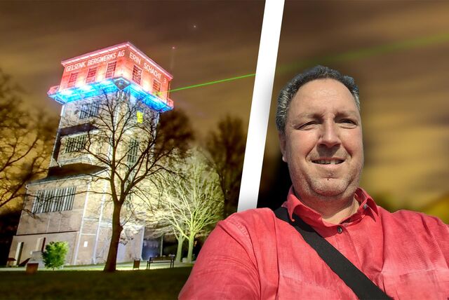 Zu sehen ist der Ickerner Thomas Gallus vor dem Turm der alten Zeche Erin in Castrop-Rauxel, von dem der bekannte grüne Laser abstrahlt.