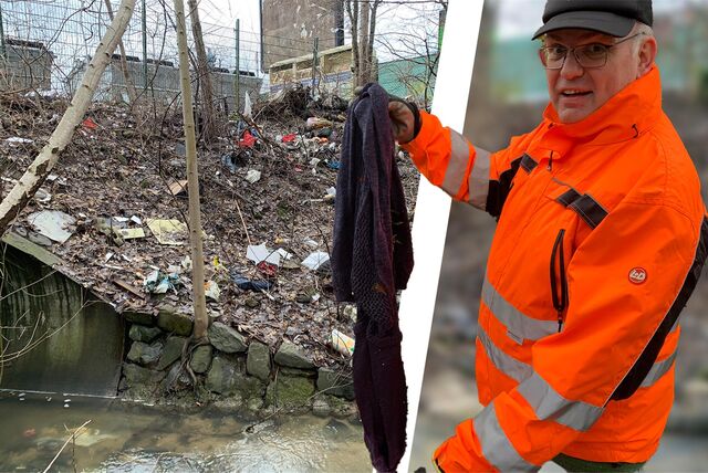 In einer Fotomontage ist ein Müllberg am Landwehrbach in Castrop-Rauxel sowie Jochen Schwarm zu sehen, der mit einer Greifzange ein Stück Abfall hochhält.