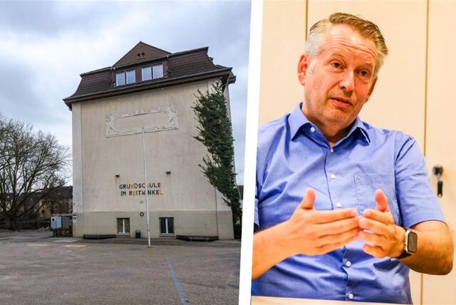 Die Montage zeigt die Reitwinkel-Grundschule in Recklinghausen und Marc-Oliver Fichter, Geschäftsführer der Wohnungsgesellschaft Recklinghausen.