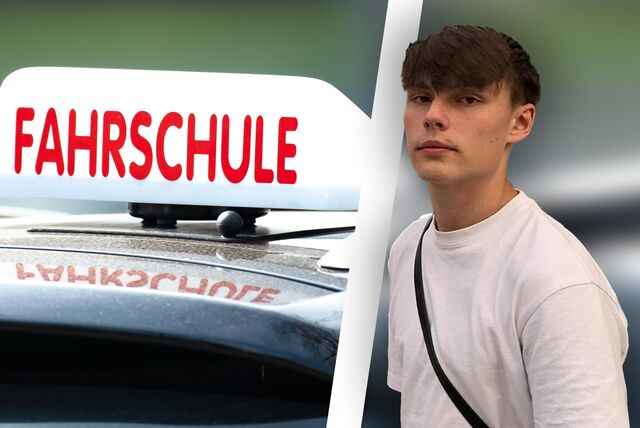 Auf einer Foto-Montage ist ein Bild von Leon Steier aus Herne zu sehen sowie ein Schriftzug-Aufsteller, auf dem Fahrschule steht.