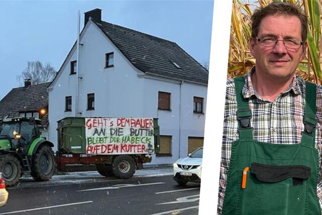 Ein Trecker mit der Parole „Geht’s dem Bauer an die Butter, bleibt der Habeck auf dem Kutter“ fährt durch Haltern. Daneben ist Ludger Winkelkotte in einem Maisfeld zu sehen.