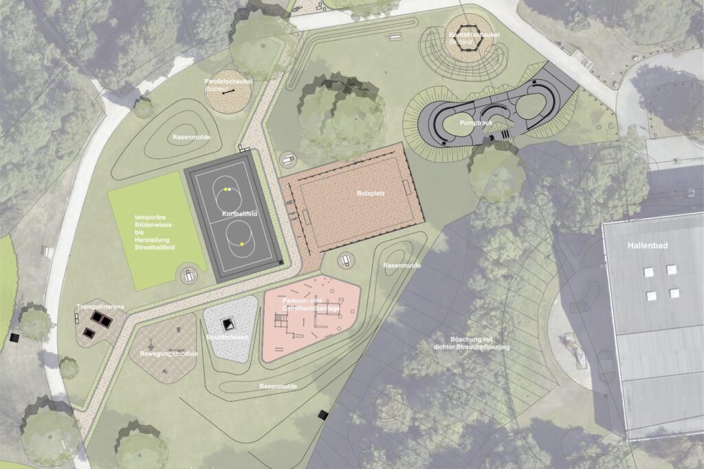 Mit diesem Plan geht die Stadt nun für 2024 ins Rennen: Auf der Hallenbadwiese sollen verschiedene Spielflächen entstehen.