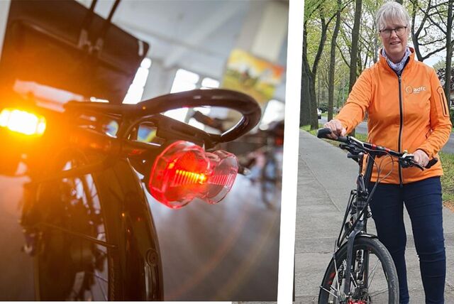 Ein Fahrradblinker der Firma Velokonzept blinkt an einem Liegerad
