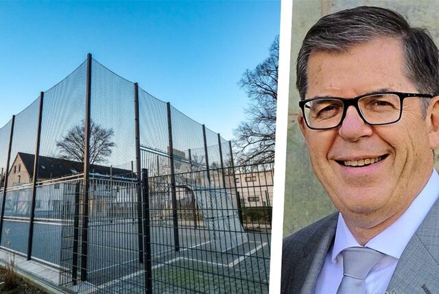 Die Montage zeigt eine Sportfläche an der Marienschule in Recklinghausen und Fachbereichsleiter Martin Gohrke.