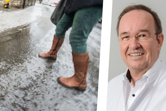 Links geht jemand über einen vereisten Fußweg. Rechts sieht man das Porträt von Dr. Jens Geiseler.