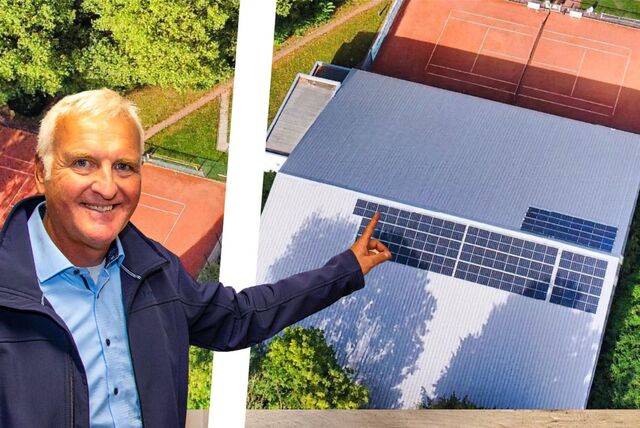 Projektzleiter war Volker Brinkhoff. Da das Dach der TC06-Tennishalle teils im Schatten liegt, konnte nicht seine gesamte Fläche für die Photovoltaikanalage genutzt werden. Die gewonnene Energie wird unterirdisch zum Clubheim (oben) geleitet.