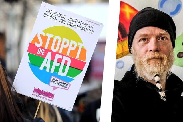 Eine Foto-Montage aus zwei Bildern: Links ein Plakat mit der Aufschrift „Stoppt die AfD“ und rechts ein Porträt von Peter Gerwinat.