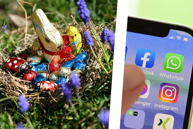 Collage: Links steht ein Osternest mit einem Schokoladen-Osterhasen und Schokoladen-Eiern auf einer Wiese, rechts tippt ein Daumen auf das WhatsApp-Symbol auf seinem Smartphone.