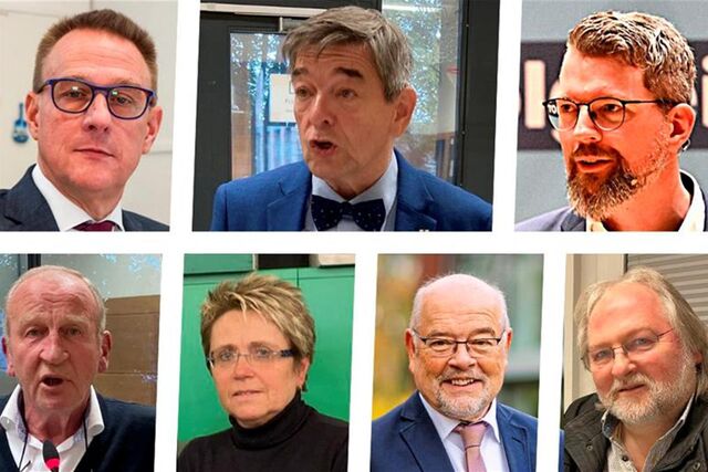 Um den Haushalt 2024 ringen (v.l.o.n.r.u.) SPD-Fraktionschef Peter Wenzel, Bürgermeister Werner Arndt (SPD), CDU-Fraktionschef Thomas Terhorst, FDP-Fraktionschef Robert Heinze, Grünen-WG-Fraktionschefin Beate Kühnhenrich, Fokus-Marl-Fraktionschef Karl-Heinz-Dargel und Michael Sandkühler (Grüne Fraktion Marl).