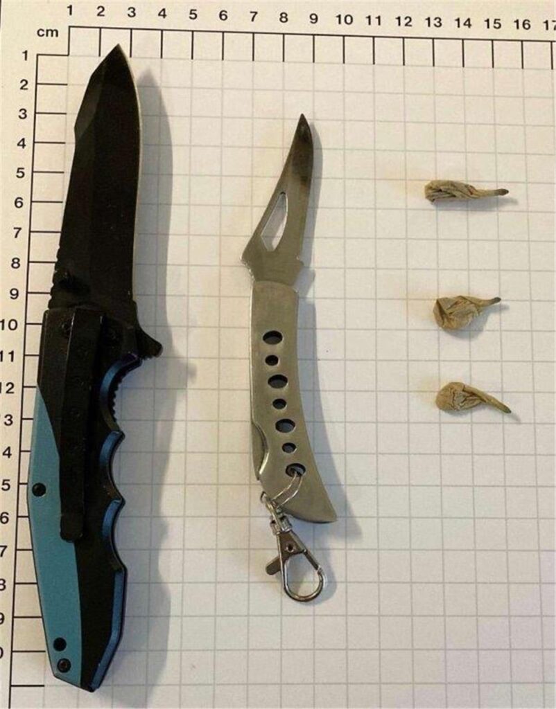 Ein polizeiliches Foto, aufgeführt sind zwei Messer und drei Ein polizeiliches Foto, aufgeführt sind zwei Messer und drei