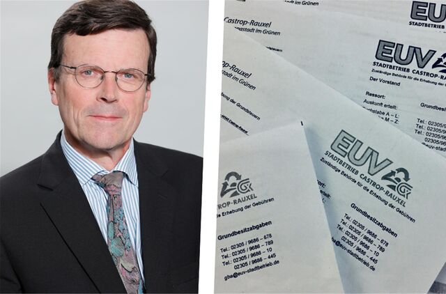 Zu sehen sind Gebührenbescheide des EUV Stadtbetriebs in Castrop-Rauxel sowie Harald Schledorn, Experte für Gebührenkalkulationen beim Bund der Steuerzahler NRW.