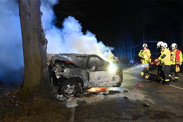 Ein ausgebranntes Auto an einem Baum