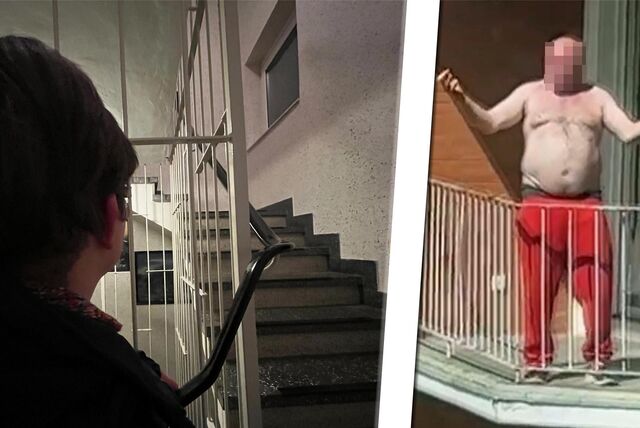 Montage: Der Mann aus Herbern steht auf seinem Balkon und pöbelt, daneben ein Bild aus dem Hausflur.