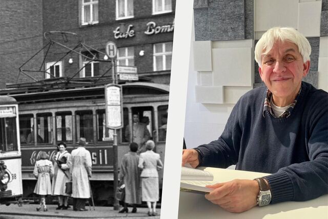 Eine Fotomontage: links im Bild eine Straßenbahn am Hauptbahnhof Recklinghausen, rechts im Bild Franz-Josef Hauke.