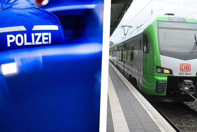 Bildkombo: links Polizeibeamter nachts zwischen Blaulichtern, rechts S-Bahn-Zug Linie 2 am Bahnsteig.