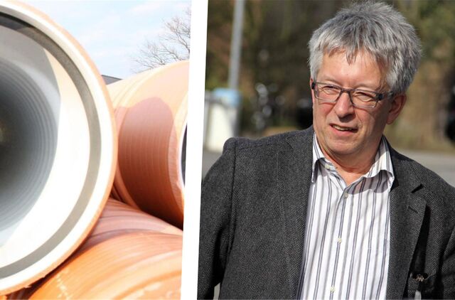 Zu sehen sind gestapelte Abwasserrohre (links) sowie der Vorstand des Stadtbetriebs EUV Michael Werner (rechts).
