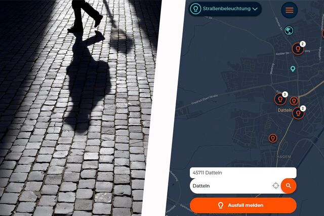 Links im Bild eine dunkle Straße, rechts ein Screenshot des Westenergie-Störungsmelders. Es handelt sich um eine Montage.