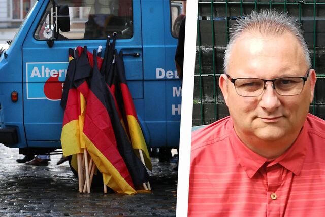 Deutschland-Fahnen lehnen an einem Auto der AfD / AfD Kreisverbandssprecher Udo Pöpperling im Porträt