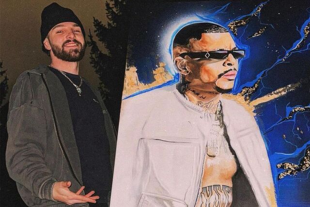 Der Dortmunder Kreisliga-Torjäger Falco Lieschke (l.) malt für Prominente wie hier den Rap-Star Luciano.