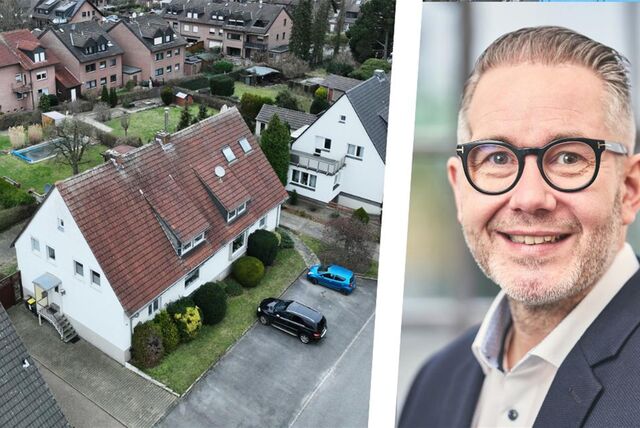 Arne Besch vermarktet ein Haus in Castrop-Rauxel. Die Montage zeigt ihn und das Doppelhaus aus der Luft.