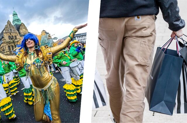 Links eine kostümierte Frau, die auf dem Rathausplatz feiert, rechts trägt ein Mann mehrere Einkaufstüten.