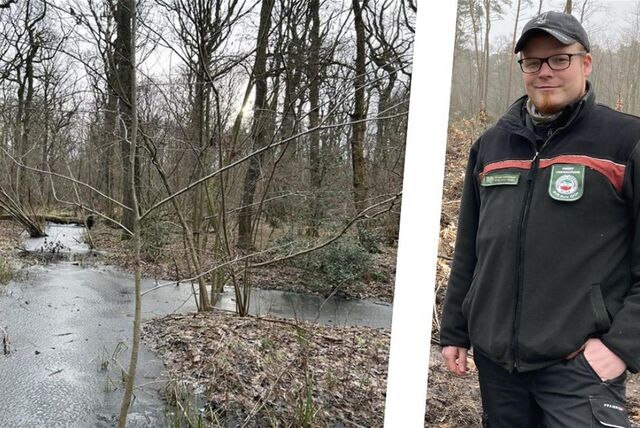 Links die überfluteten Gräben, die zugefroren sind und rechts ein Förster.