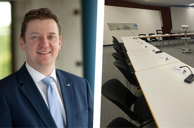 Zu sehen ist eine Fotomontage: Links zu sehen ist Bürgermeister Rajko Kravanja sowie der leere Sitzungssal vor Beginn der EUV-Verwaltungsratssondersitzung am Mittwoch im DIEZE.