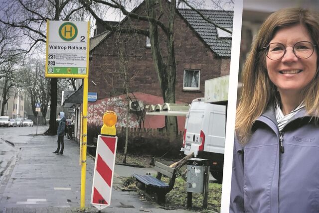 Eine Collage zeigt die Bushaltestelle Rathaus und Tamina Forytta, Pressesprecherin der Stadt Waltrop.