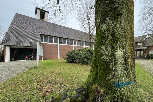Markierter Baum vor Kirche