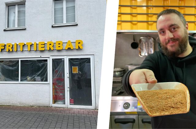 Kleines weißes Haus mit dem gelben Schriftzug „Frittierbar“. Von Innen hängen Folien an den Fenstern und der verglasten Eingangstür.