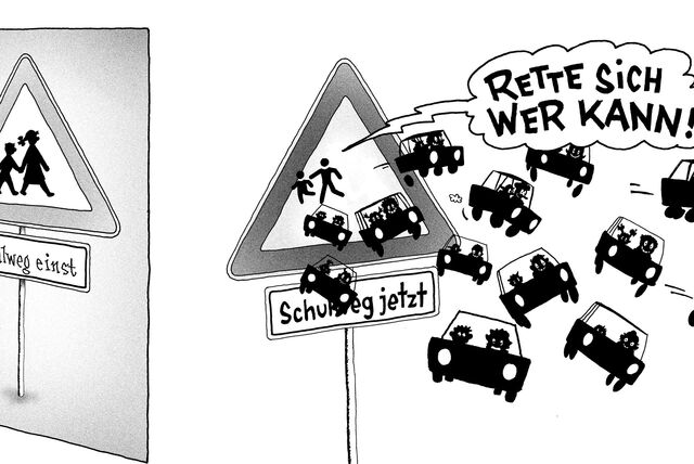 Eine Karikatur zum Thema „Elterntaxis“.