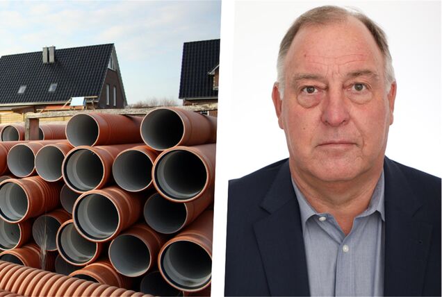 Links sind Abwasserrohre abgebildet, die auf einer Baustelle vor Einfamilienhäusern liegen. Rechts ist ein Foto von Olaf Bollermann aus Castrop-Rauxel zu sehen.