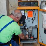 Ein Heizungsmonteur arbeitet an einer älteren Heizungsanlage.
