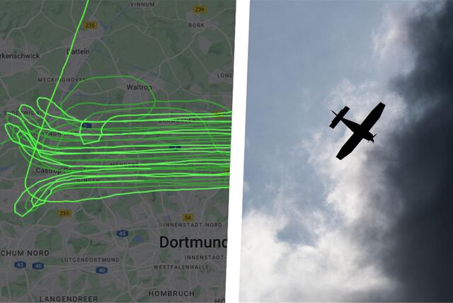 Eine Fotomontage der auf einer Google-Maps-Karte angezeigten Flugzeugbewegungen eines Propellerflugzeugs, rechts zu sehen, das zwecks Wärmebildaufnahmen für besseren Klimaschutz über Dortmund geflogen ist.