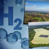 Eine Collage mit einer H2-Grafik und Fotos von er schwimmenden Solaranlage und Windrädern.