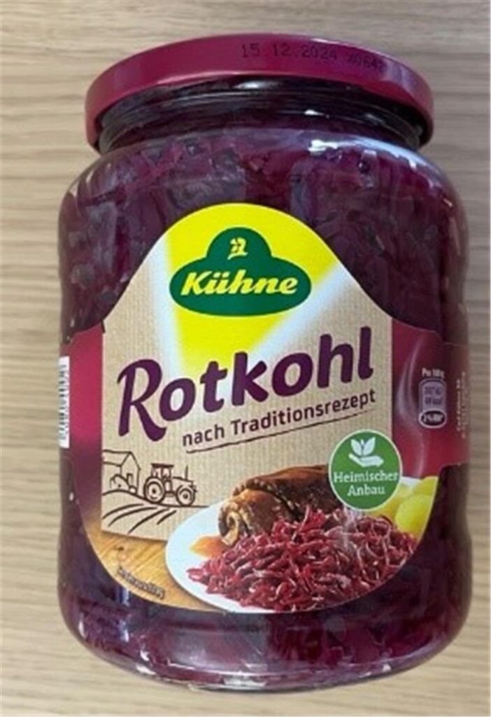 Ein Glas des Rotkohls von Kühne, der von einem Rückruf betroffen ist. Ein Glas des Rotkohls von Kühne, der von einem Rückruf betroffen ist.