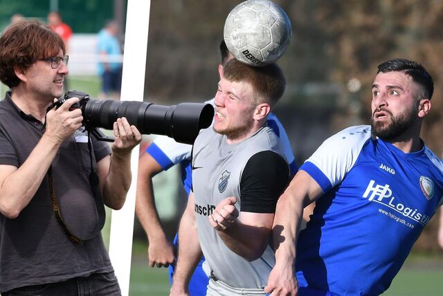 Fotograf Volker Engel (l) brachte auch Fotos vom Bezirksliga-Spiel des FC Frohlinde (graue Trikots) gegen den CF Kurdistan Bochum mit.
